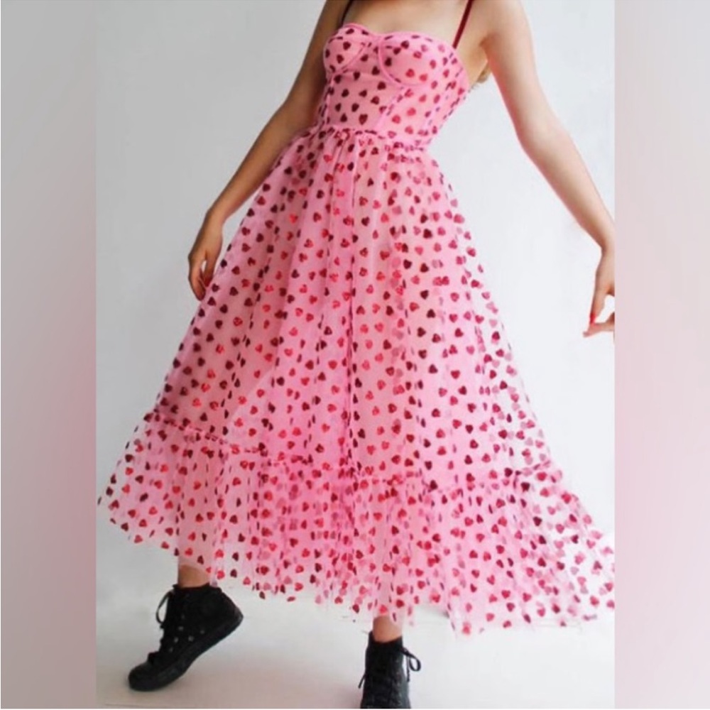 NWT Betsey Johnson Valentines Metallic Heart Print Mesh Midi Dress TIKTOK